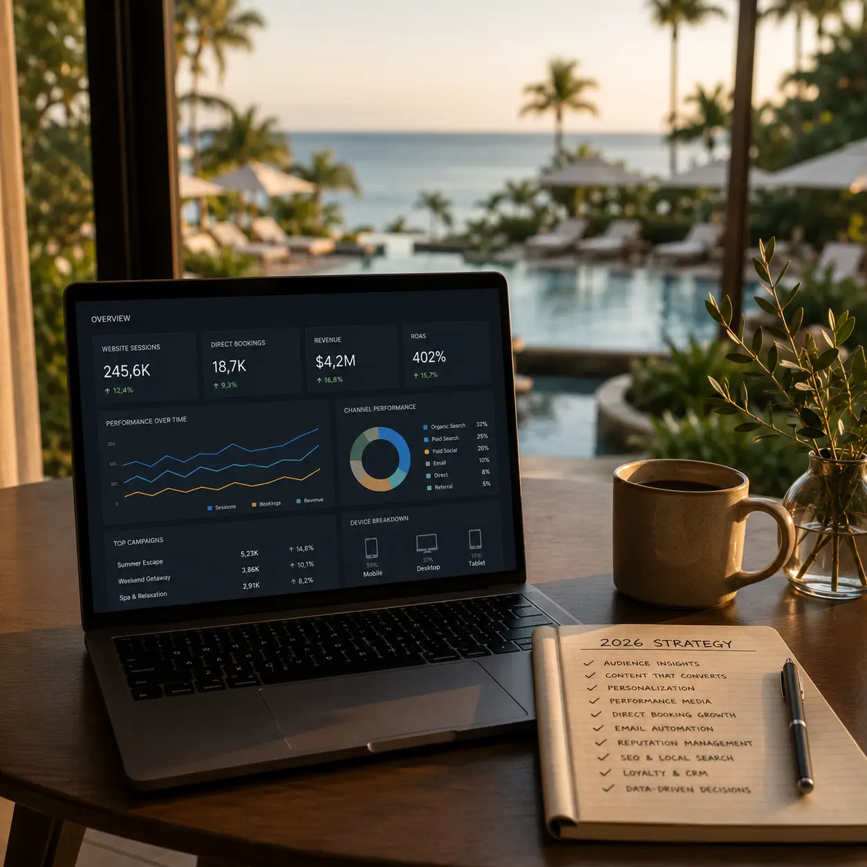 Laptop in a hotel showing data