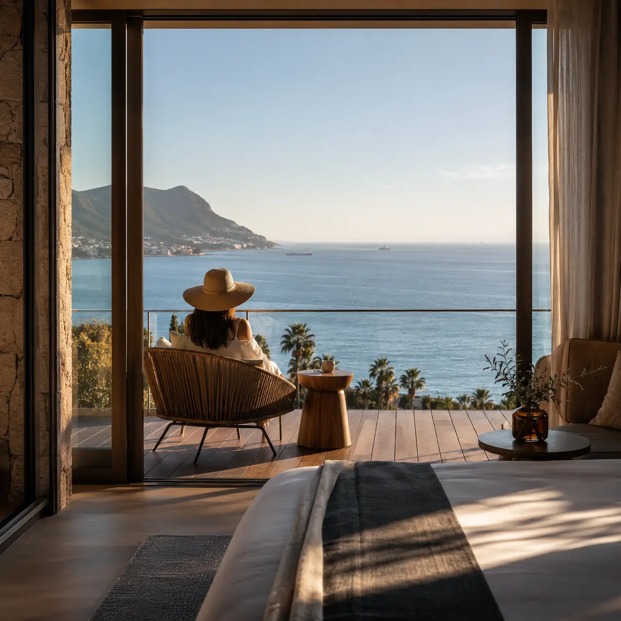 woman in a hat overlooking ocean